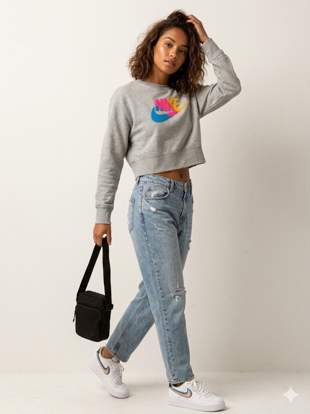 Nike Gray Cropped Sweatshirt with Multicolor Pixel Logo
